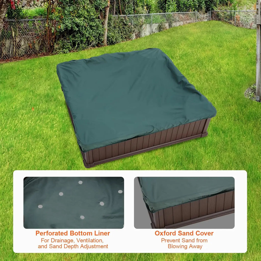 Sandbox with Cover, 48.6''x48.6''x12.4'' Square Sand Box, Sand Pit with 4 Corner Seats & Bottom Liner, Gift for Ages 3-12 Y
