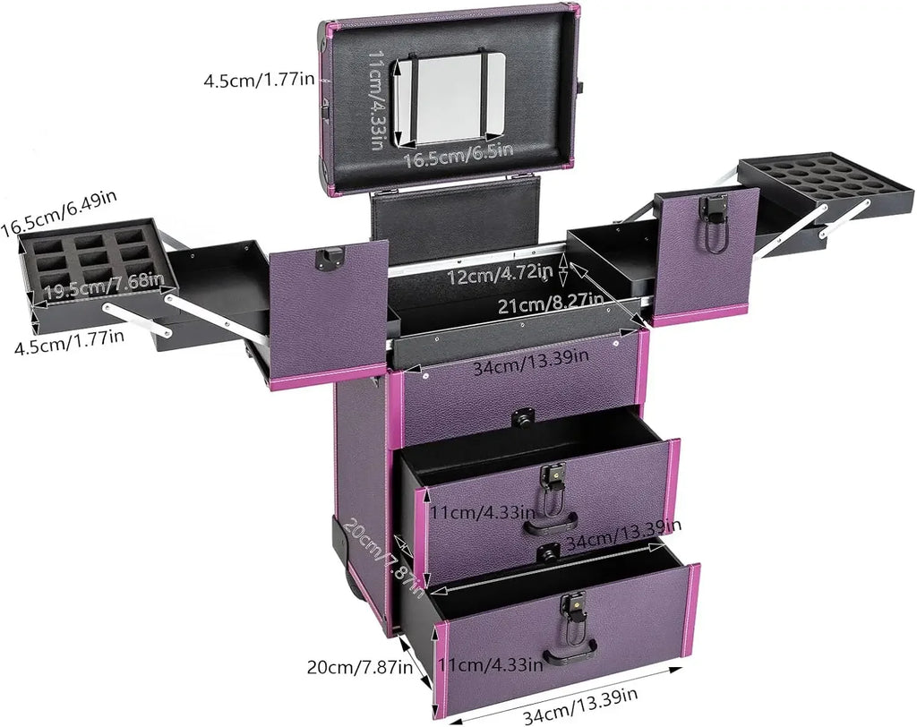 Rolling Makeup Train Case, Makeup Train Case, Large Capacity, Easy To Carry, Rolling Design with Retractable Trays and Drawers