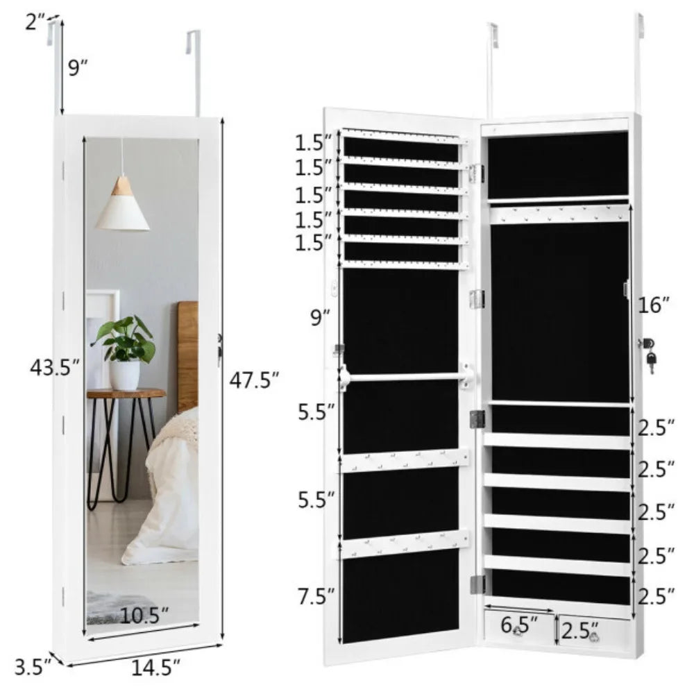 Wall Door Mounted Mirror Jewelry Cabinet Lockable Armoire Organizer W/ LED Light