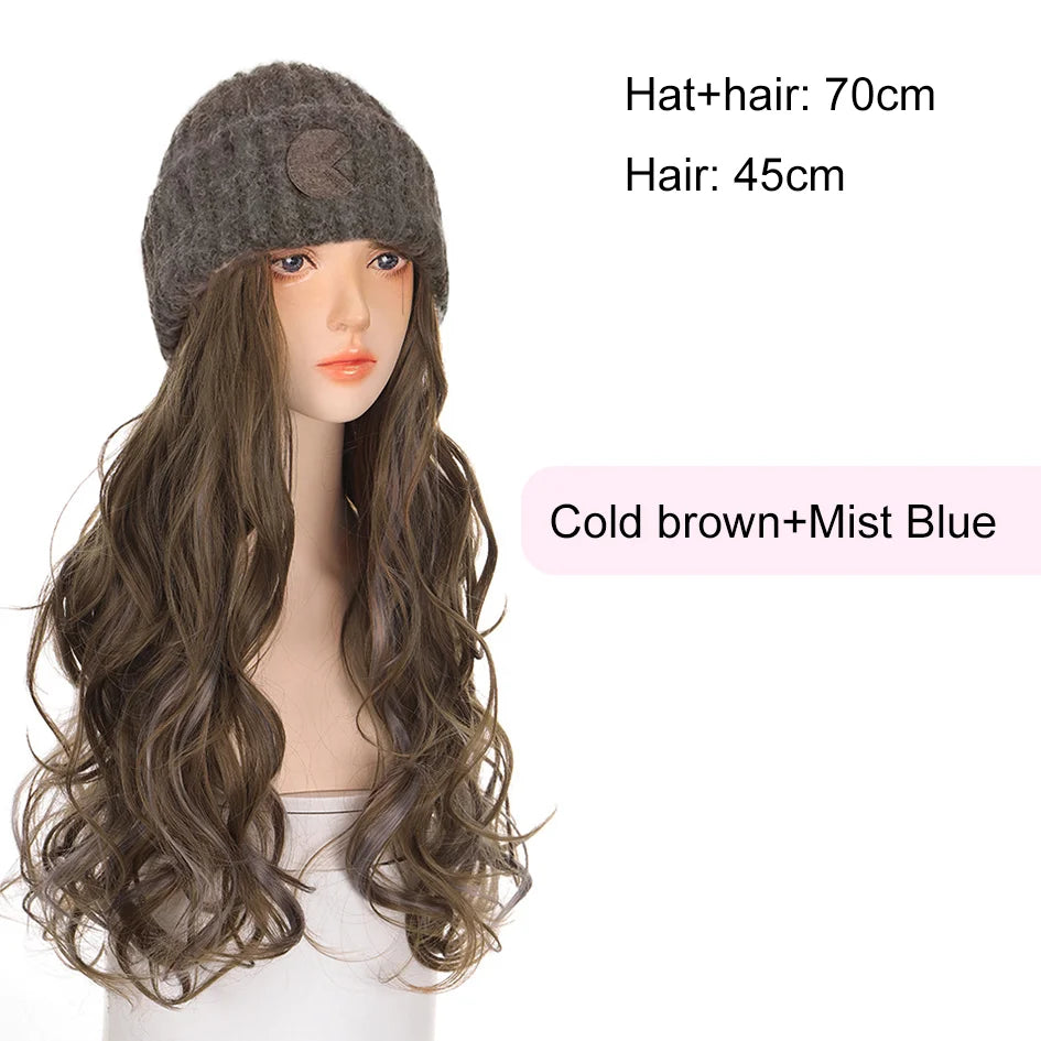 Synthetic 18 inch knitted hat with long curly hair hat wig, wavy wig, winter wig, beige/blue/coffee knitted hat Christmas outfit