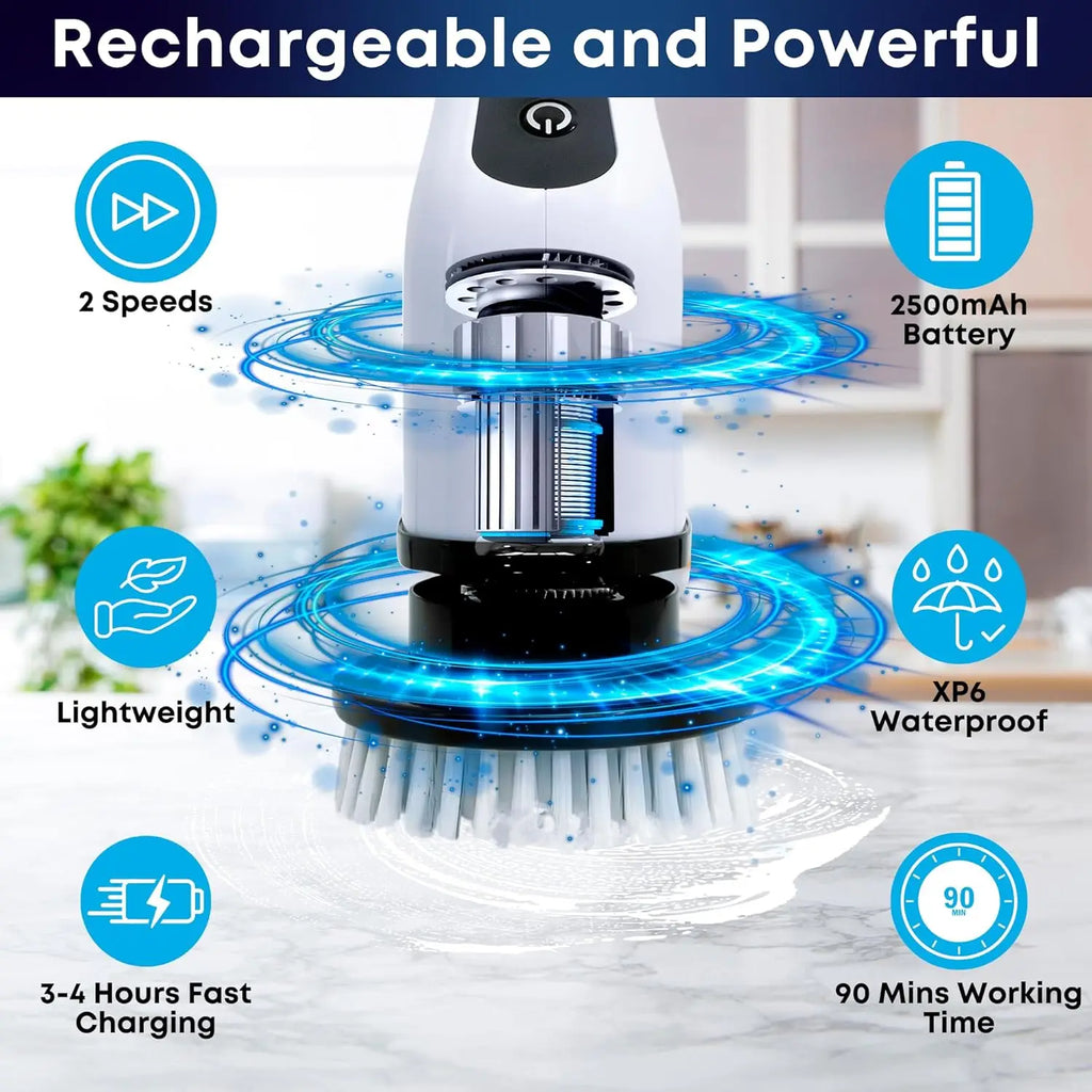 Chimera MKT Electric Spin Scrubber - Cordless, 7 Heads, 2 Speeds, Long Handle Shower Cleaner (White)
