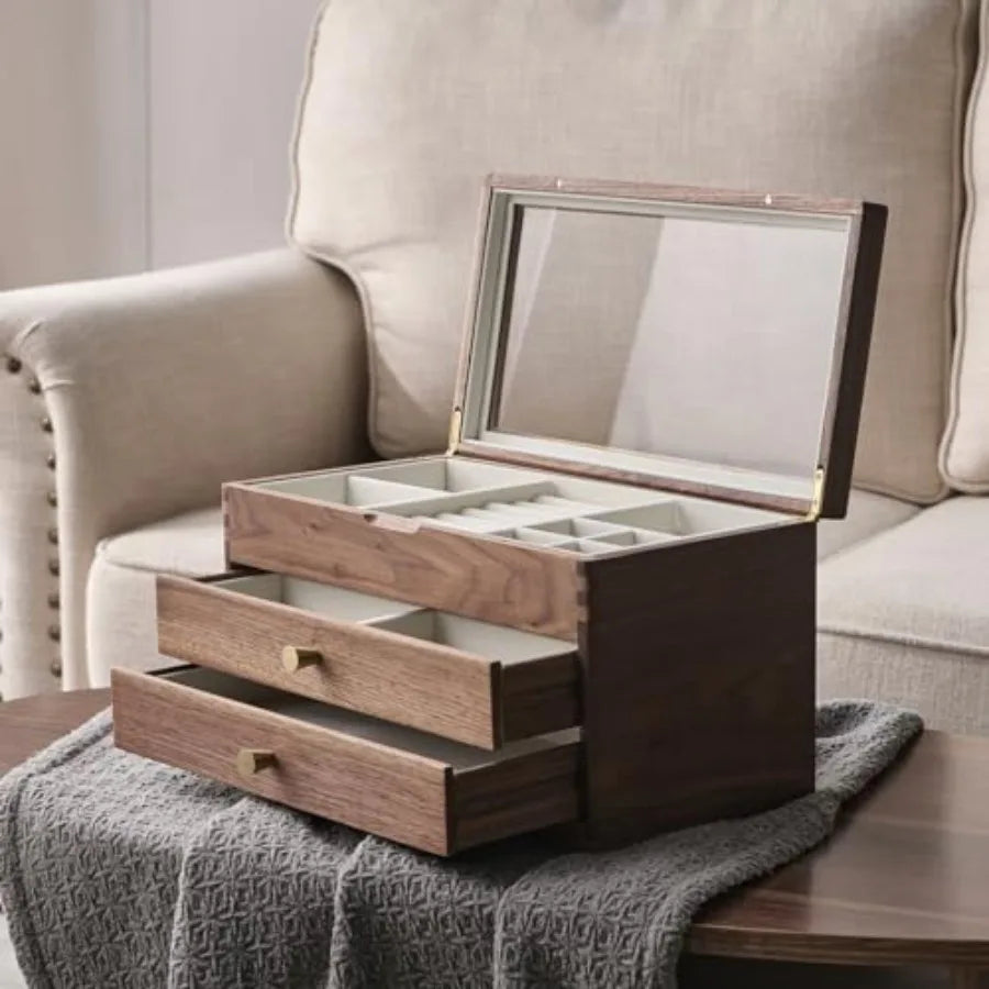 Black Walnut Wooden Jewelry Box - Allwood Handcrafted Glass Lid 2 drawer. Gift for Women Men and Girls. large Jewelry Organizer