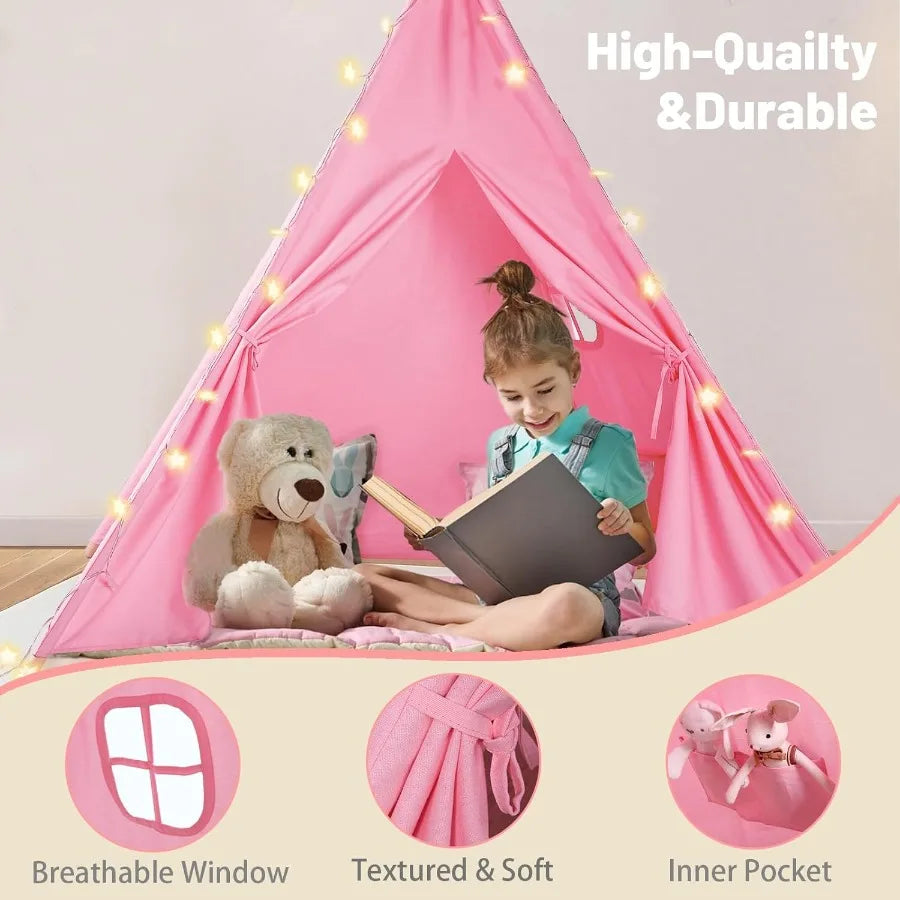 4 Pack Pink Foldable Teepee Tent for Indoor Play Sleepover Tent with Star Lights Portable Toddler Slumber Party Tent Gift