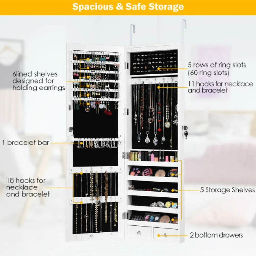 Wall Door Mounted Mirror Jewelry Cabinet Lockable Armoire Organizer W/ LED Light