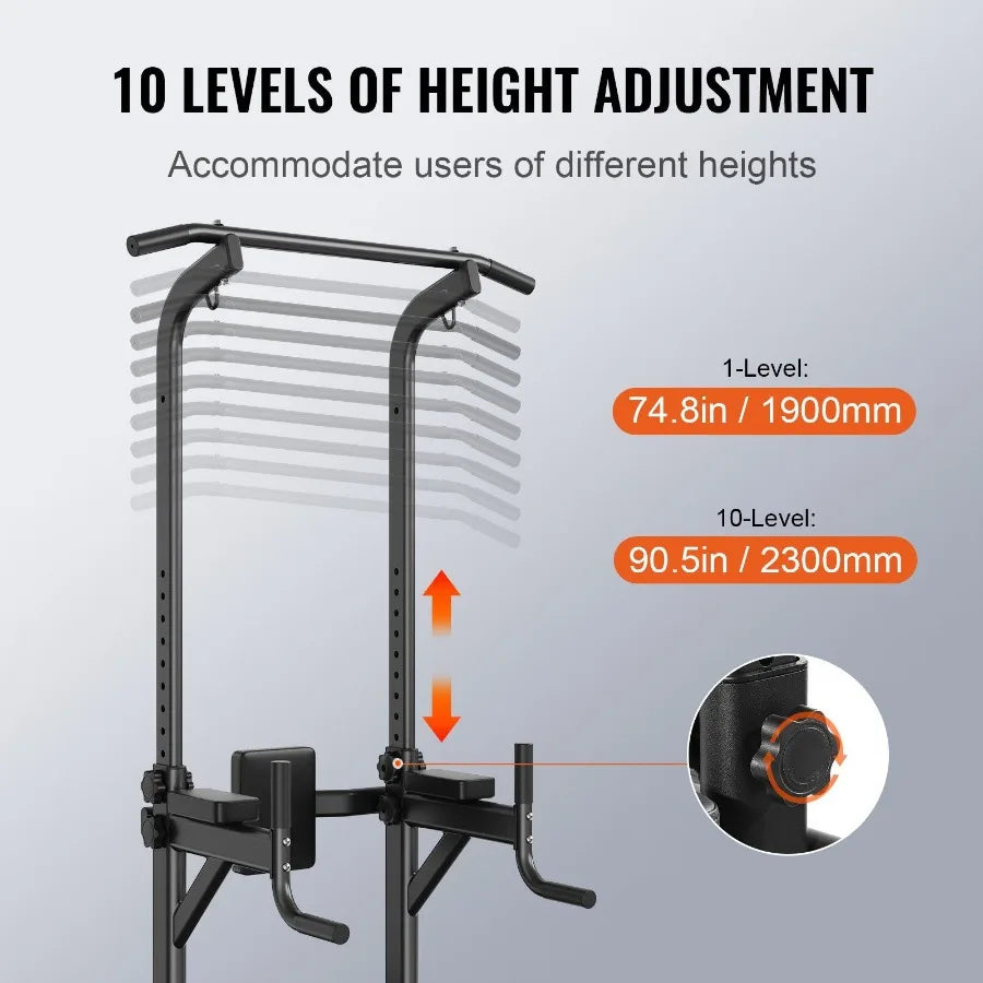 Power Tower with Bench 10Level Height Adjustable Pull Up Bar Stand Dip Station Detachable Bench MultiFunction Home Gym Strengt