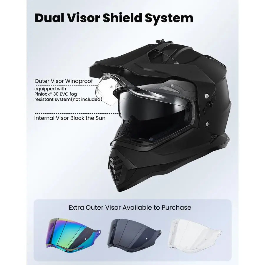 Dual Sport Adventure Motorcycle Helmet with Pinlock Compatible Sun Visor Snowmobile ATV Dirt Bike Off Road Casco Model WS902 Mat