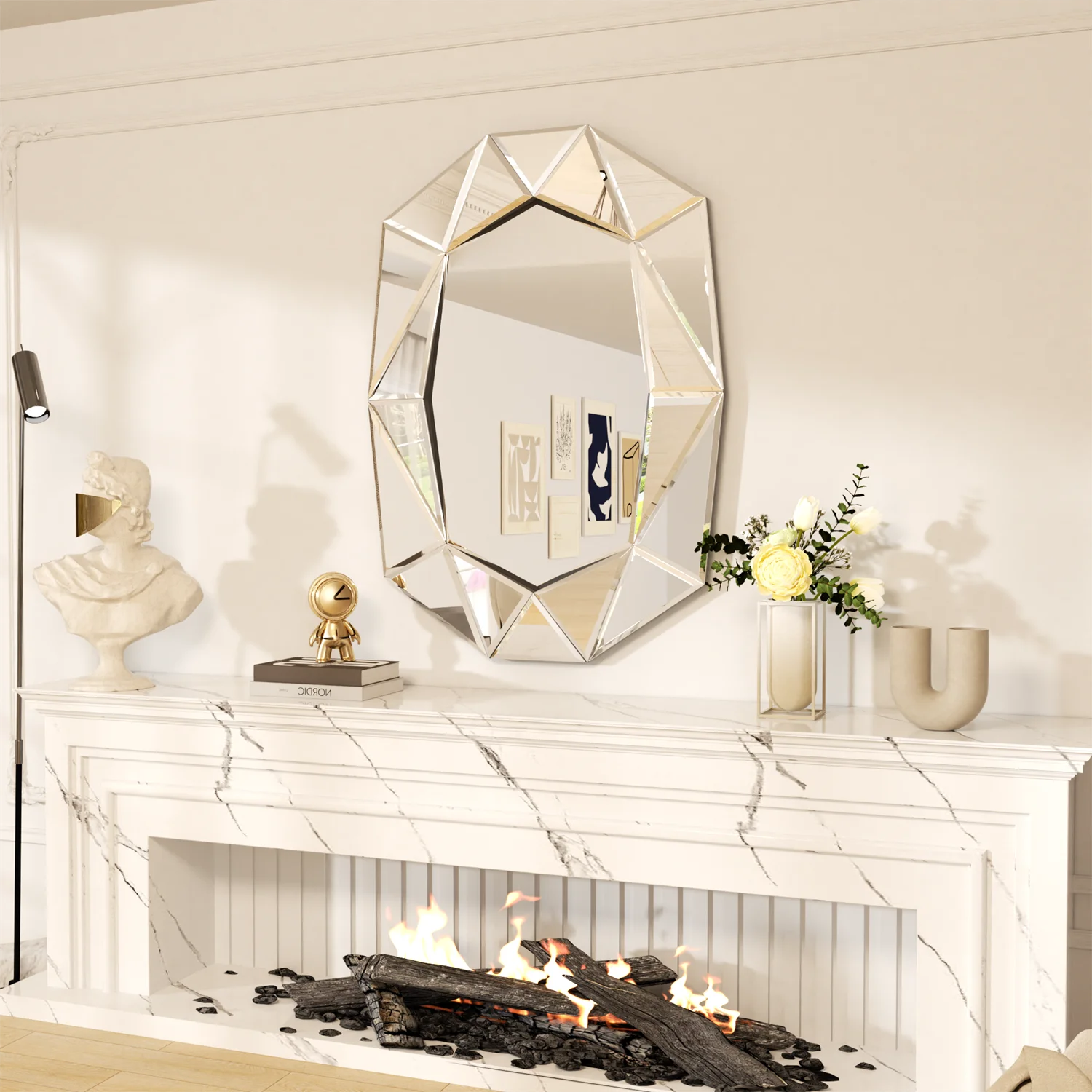 Asymmetrical Decorative Wall Mirror for Living Room and Bedroom, Glass Inlayed Accent Vanetian Mirror, 100cm