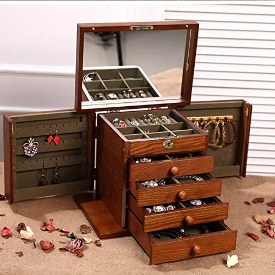 Wooden Jewelry Box for Women Organizer Box of Solild Wood with Lock and Key for Jewelries Watches Necklace Ring Lockable Storag