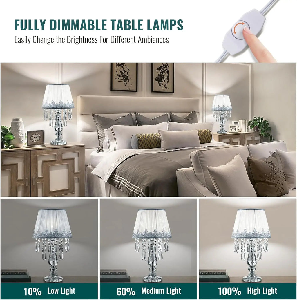 Dimmable Crystal Table Lamp Set of 2 with Fabric Shades, Farmhouse Nightstand Lamps for Living Room Bedroom
