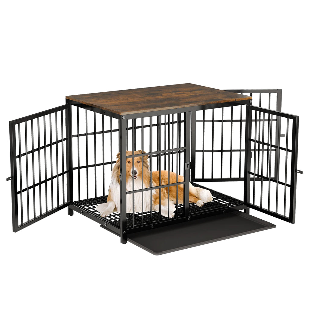 Heavy Duty Dog Kennels Metal Wooden Dog Crate End Table Furniture Style Pet Cage with Three Doors and Removable Tray