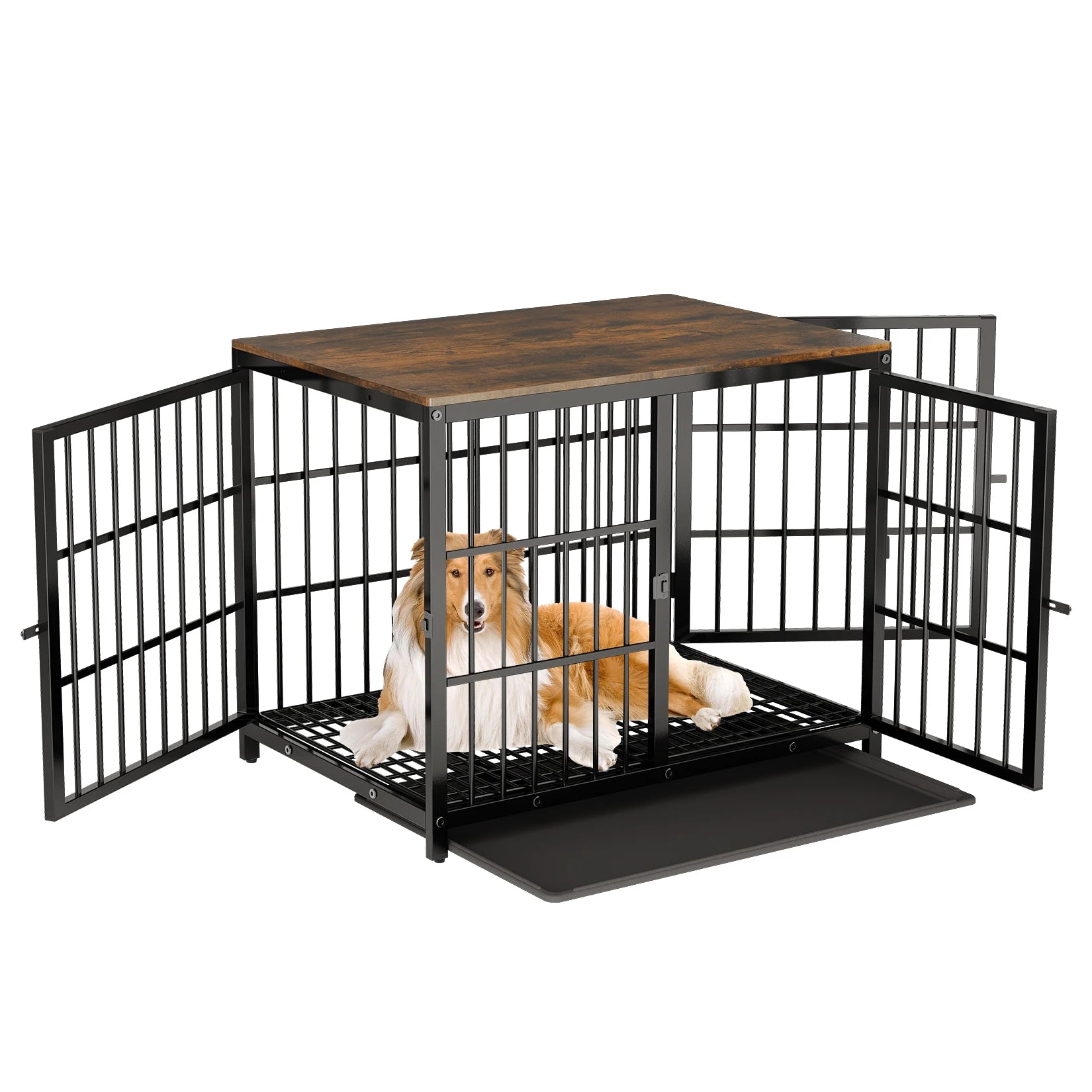 Heavy Duty Dog Kennels Metal Wooden Dog Crate End Table Furniture Style Pet Cage with Three Doors and Removable Tray