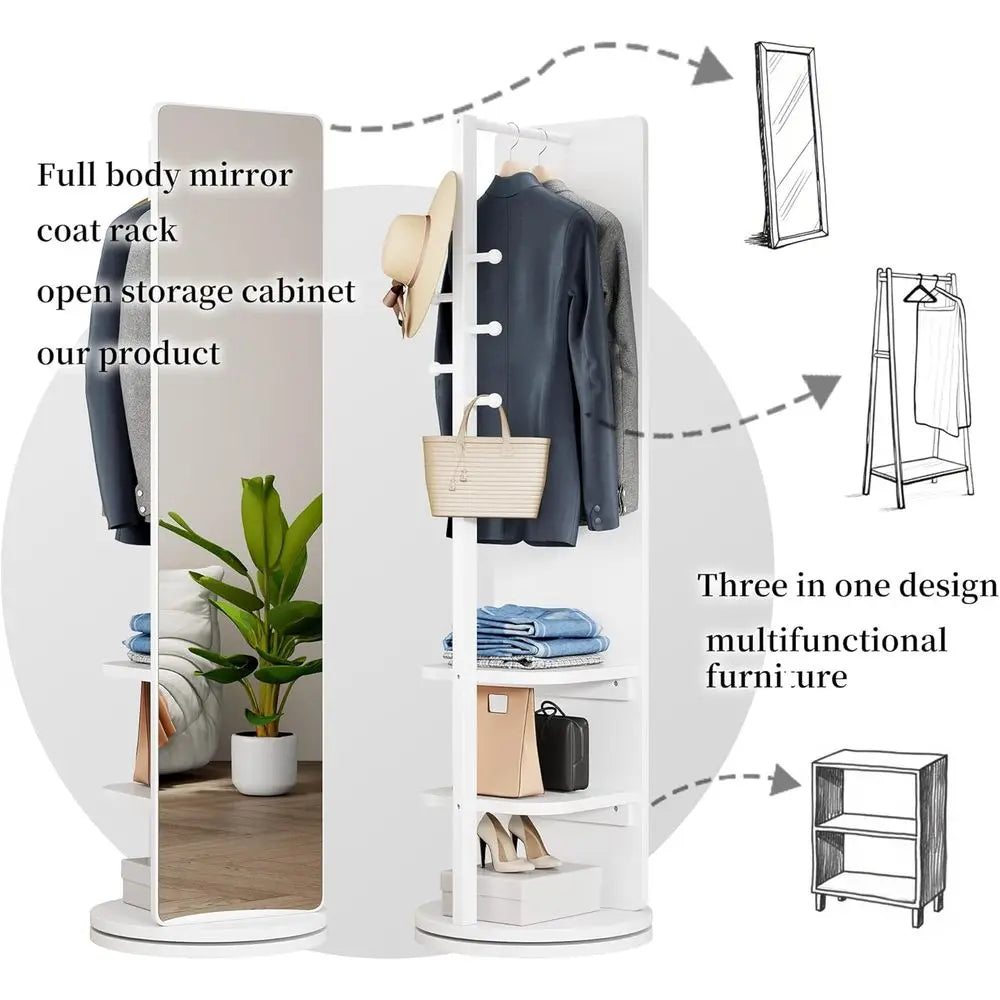 Full Length White Wooden Rotating Mirror Coat Rack with Storage Hanger and Shelves for Home