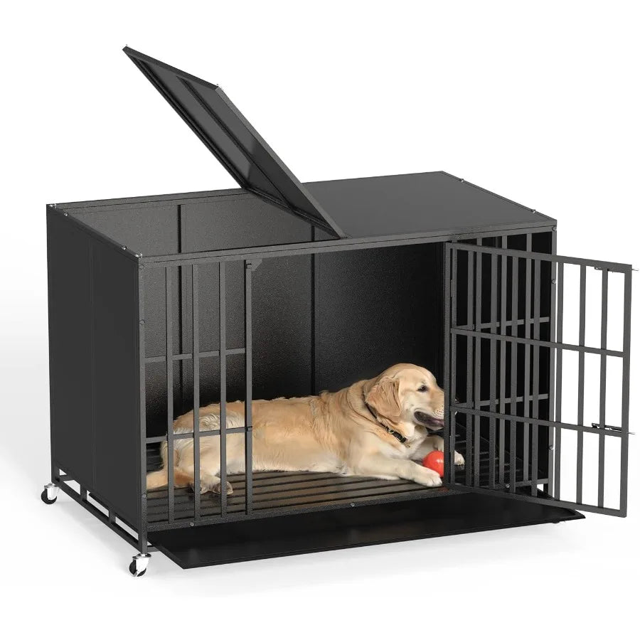 48/42 inch Heavy Duty Indestructible Dog Crate for High Anxiety Large Dogs Extra Large Steel Escape Proof Dog Kennel with Wheel