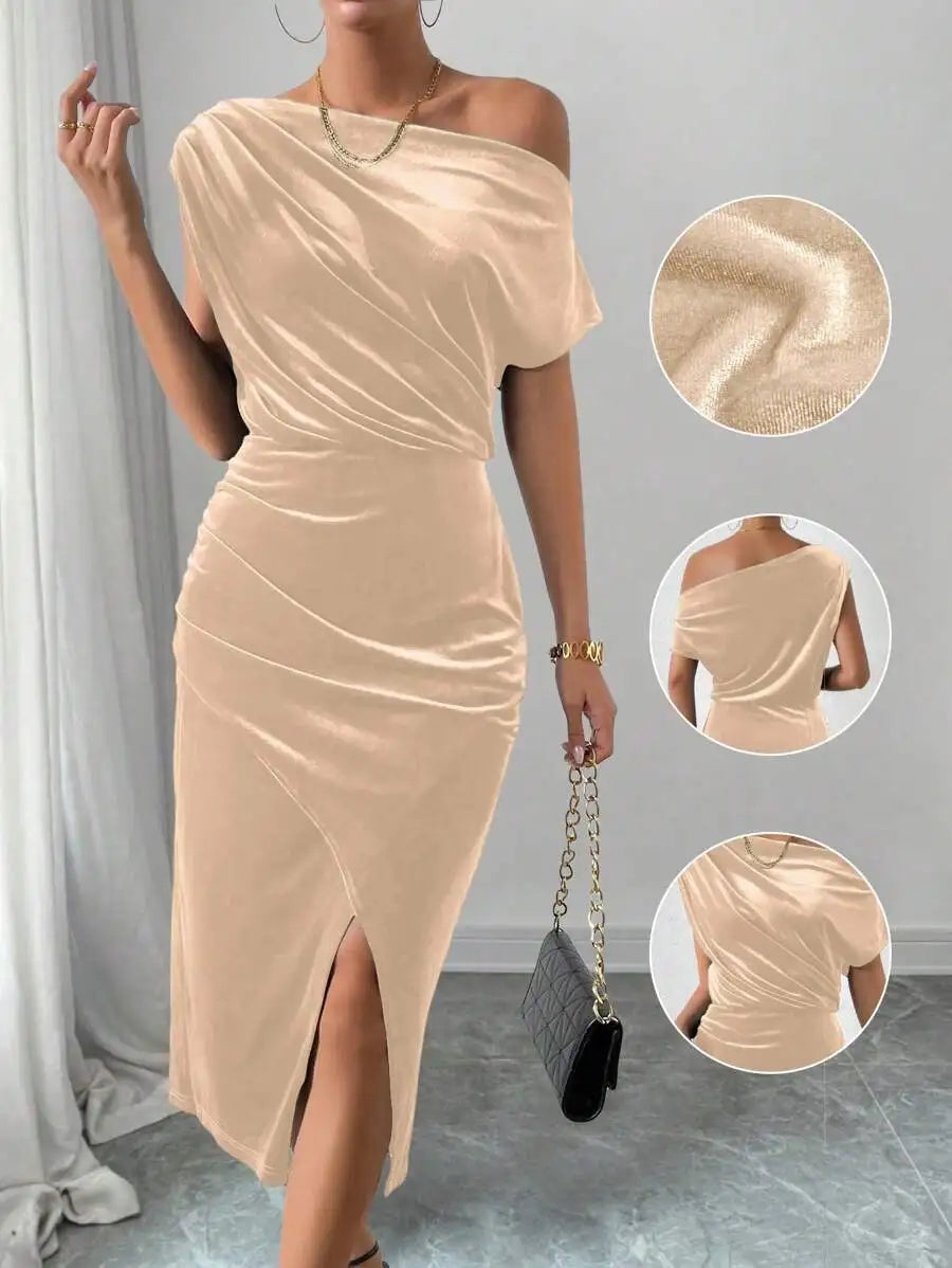 Emerald Green Off Shoulder Velvet Midi Dress with Side Slit for Evening Parties