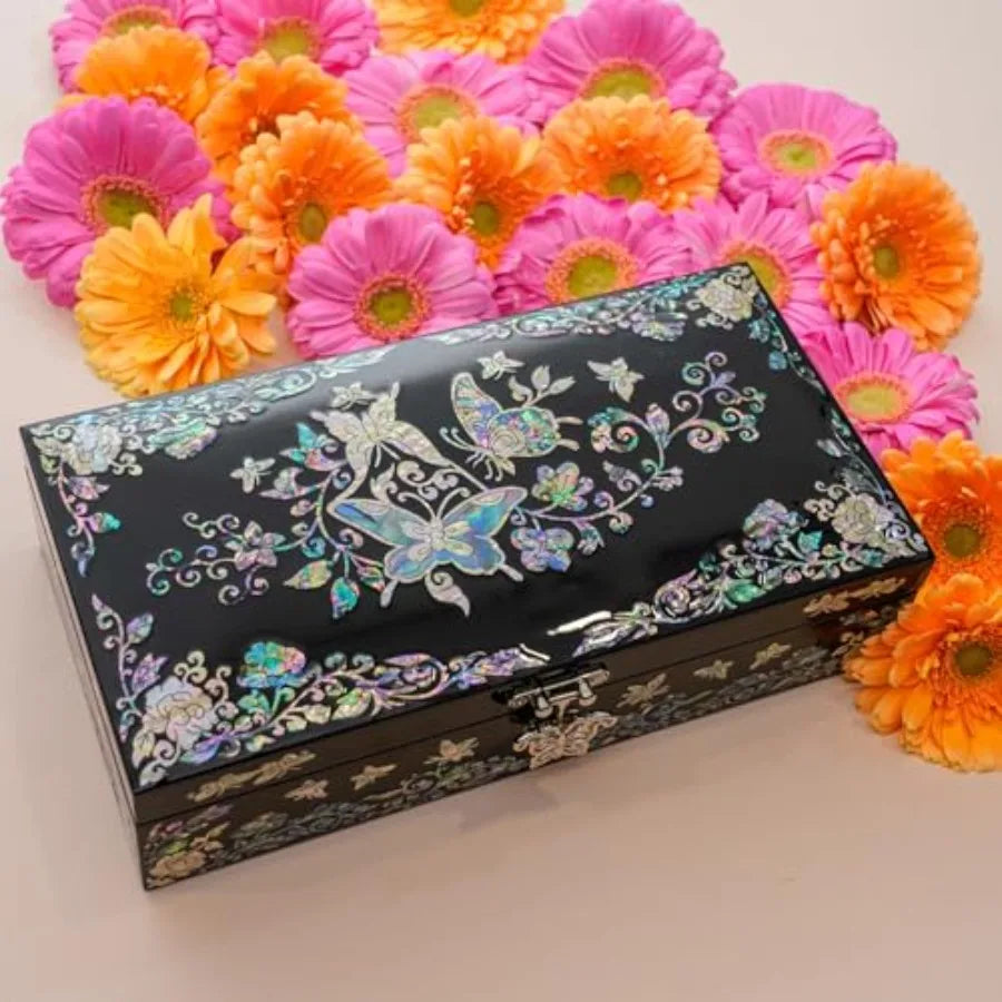 Mother of Pearl Jewelry Organizer box - Handmade Large Wooden Box Romantic Anniversary Birthday Gifts for women Butterfly Flora