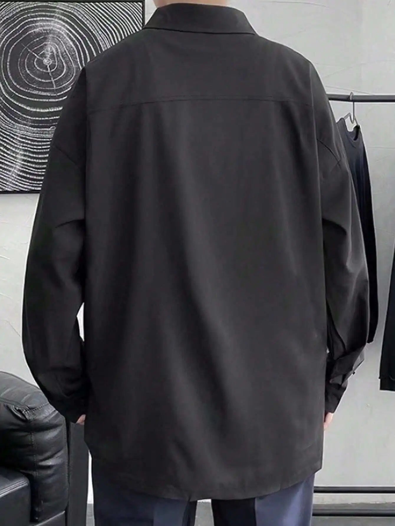 Oversized Black Drop Shoulder Long Sleeve Button-Up Shirt for Men