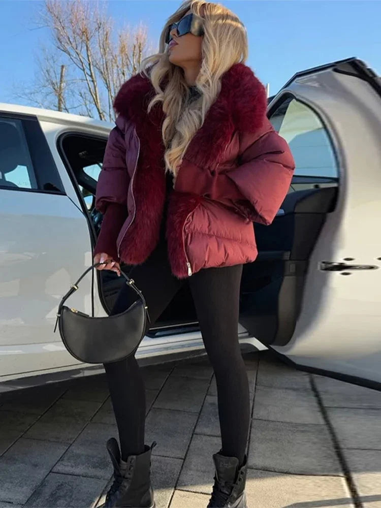 Women Faux Fur Patchwork Padded Jacket Warm Daily Hooded Zipper Cropped Coat Lady New Winter Elegant Fashion Street Outwear 2025