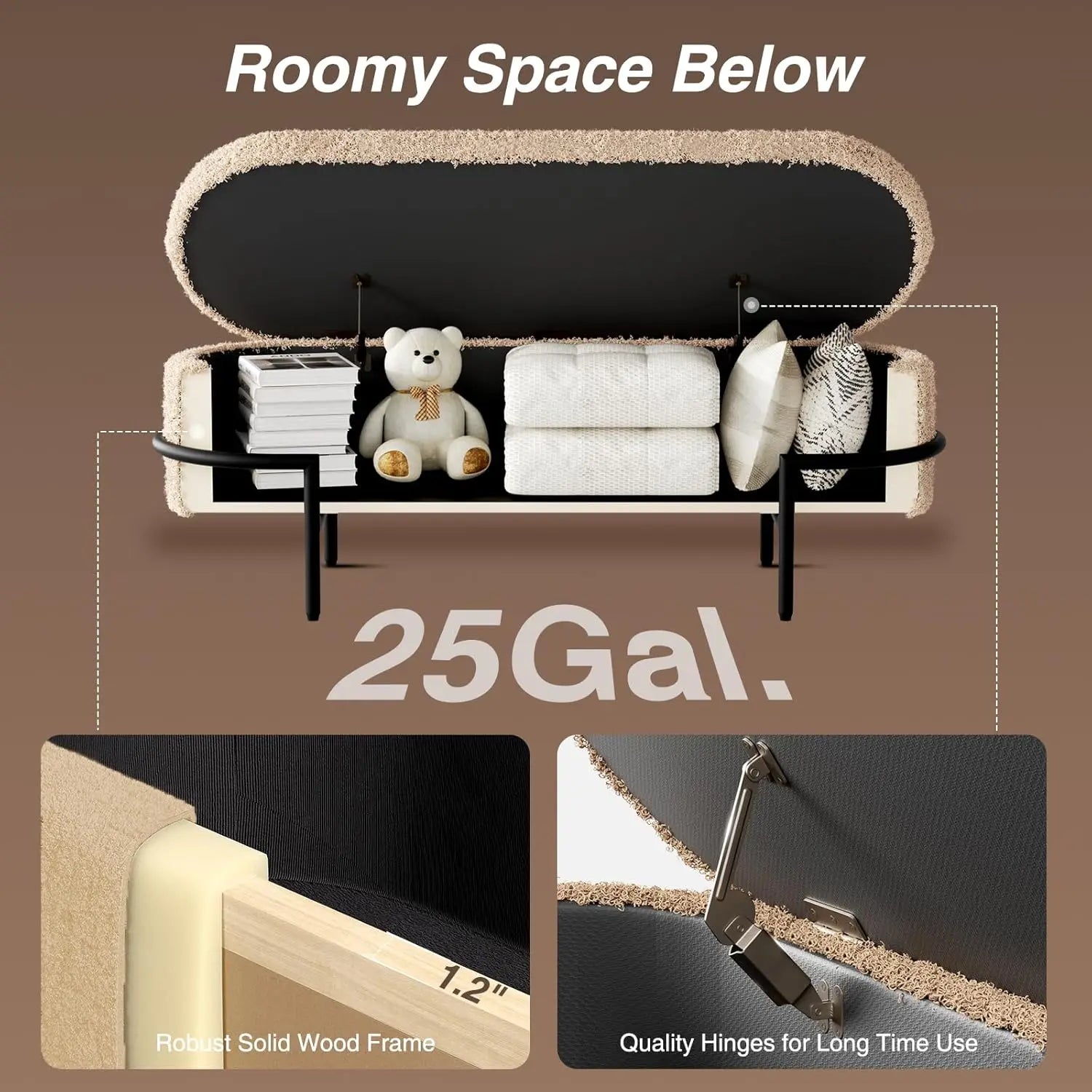 Beige Storage Ottoman Bench with Metal Stand, Upholstered Sherpa Stool, 45''L, Modern Storage Bench for Living Room, Bedroom, En