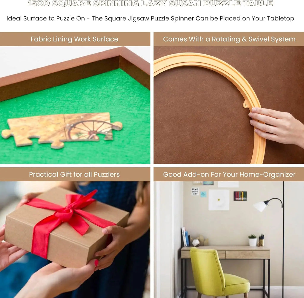 Rotating Puzzle Board with Lazy Susan, Portable 1500 Piece Jigsaw Puzzle Table with Fabric Lining, Measures 34" x 34"