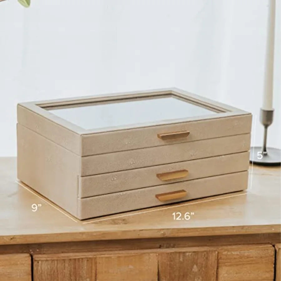 Large 3 Tier Jewelry Box Storage Case Organizer for Women Girls Wife Glass Lid for Earrings Bracelets Rings Necklaces Shagreen