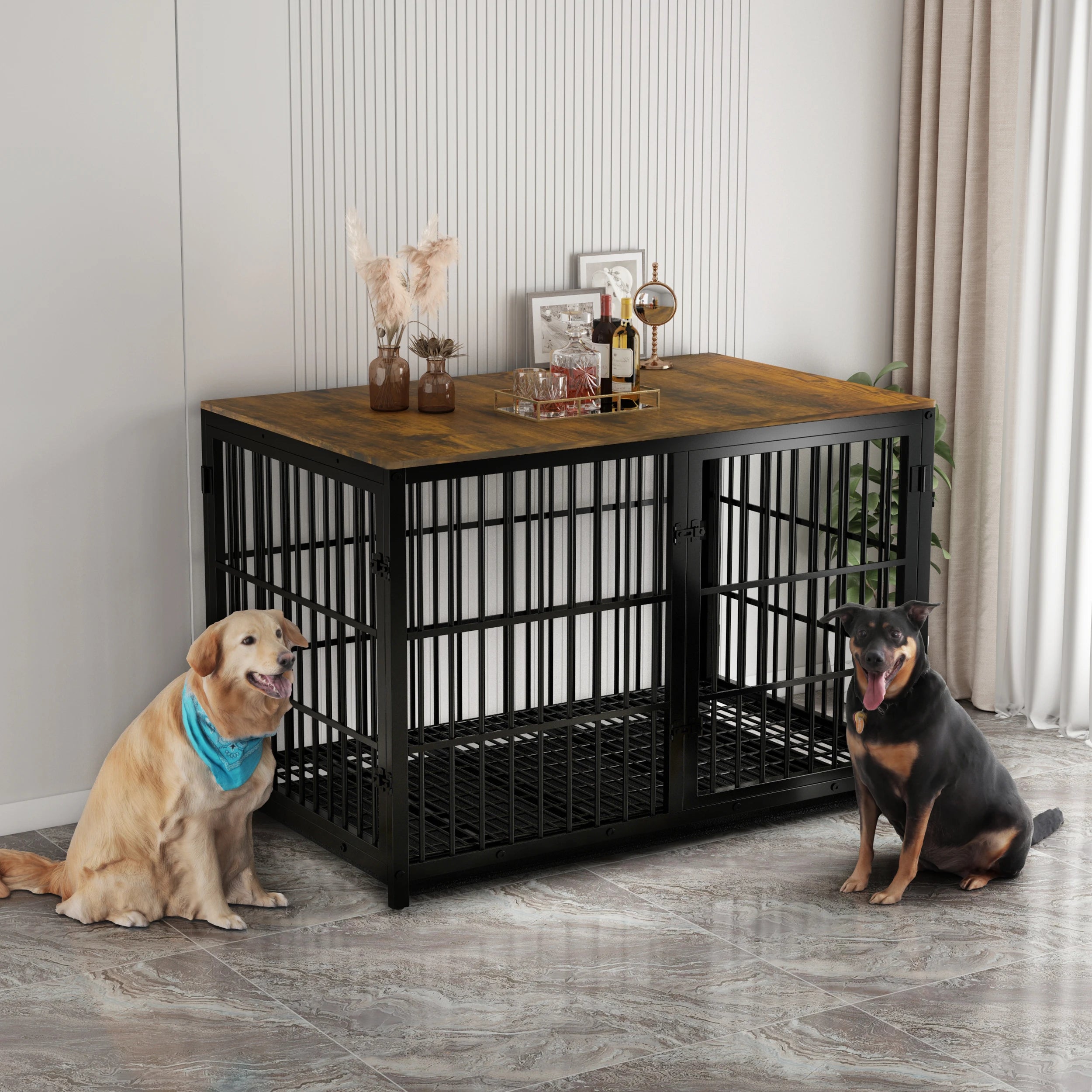 Furniture Style Dog Cage Extra Large Wooden Pet Kennel End Side Table with Tray and 3 Doors for Medium to Large Dogs