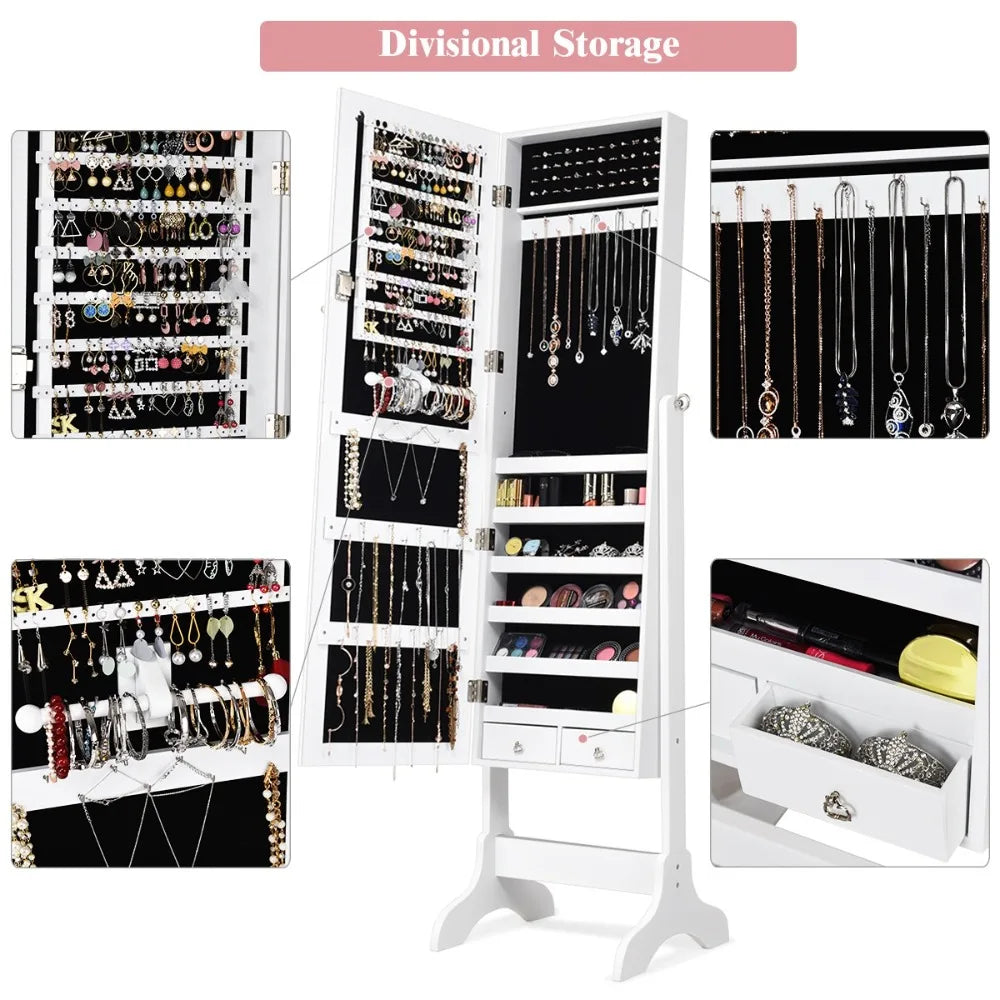 4 Tilting Position Jewelry Organizer Vanity Box w/ Full Length Mirror White