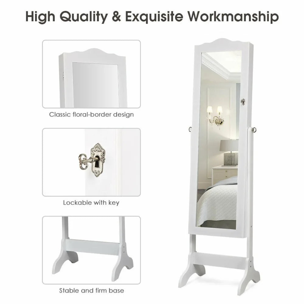 Mirrored Jewelry Cabinet Armoire Storage Organizer w/Drawer & Led Lights White