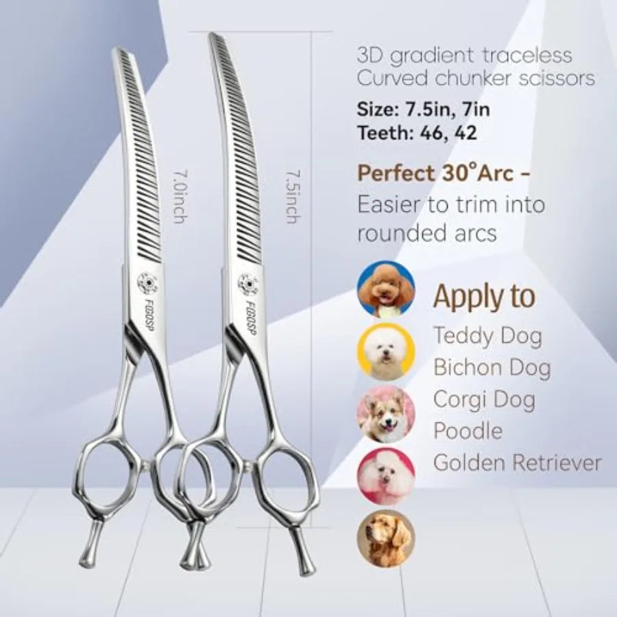 Professional 3D Curved Chunkers Dog Grooming Scissors 7.5in Magic Thinning Shears for Dogs Pet Cat Light Cutting Feel No Marks