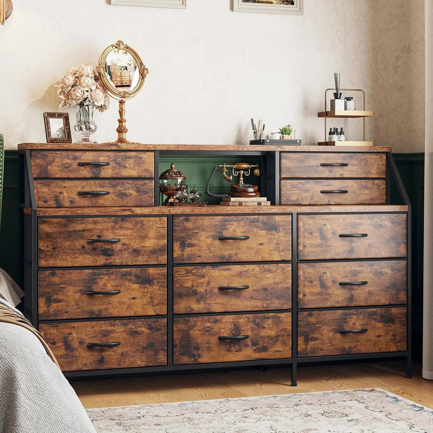 55" W White Dresser for Bedroom, Dressers & Chests of Drawers with 13 Fabric Drawers and 2 Open Shelves, White Dresser