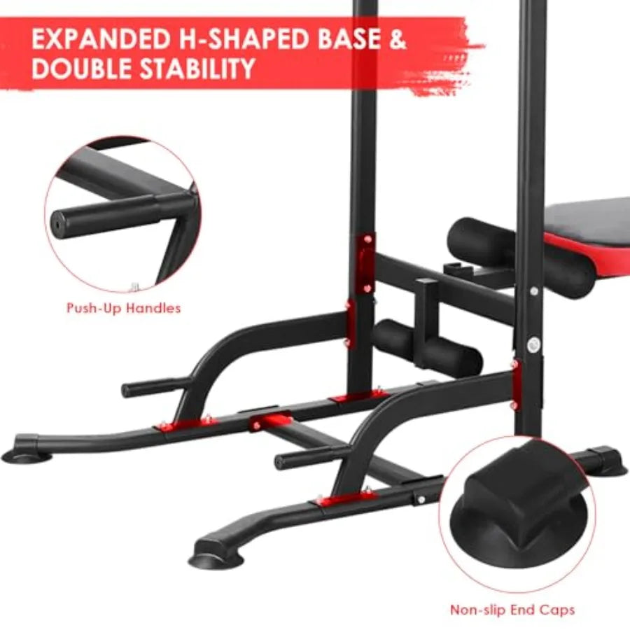 Arlopu Power Tower with Bench Pull Up Bar Stand Dip Bar w/Folding Bench 4 Ropes Strength Training Multi-Function Fitness Equipm
