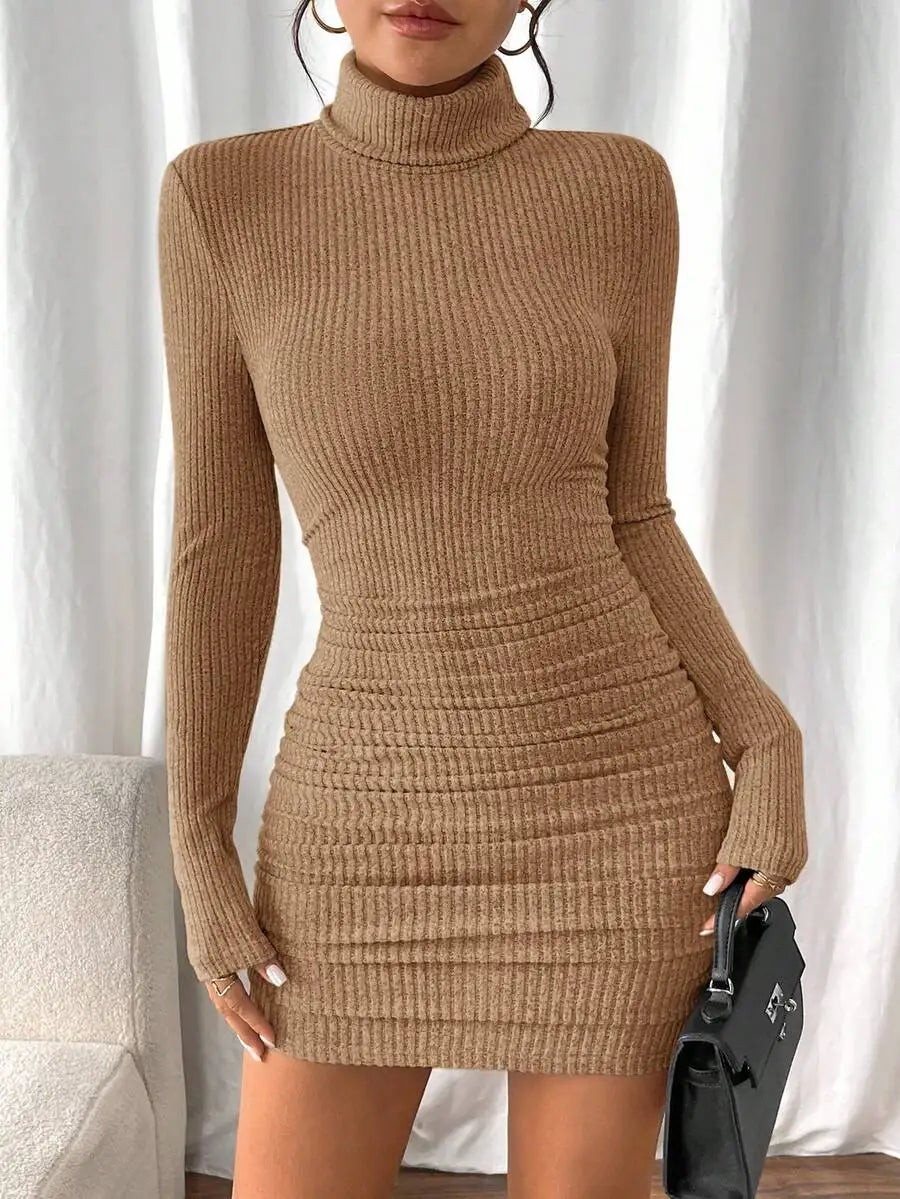 Women's Ribbed Knit Turtleneck Long Sleeve Bodycon Mini Dress