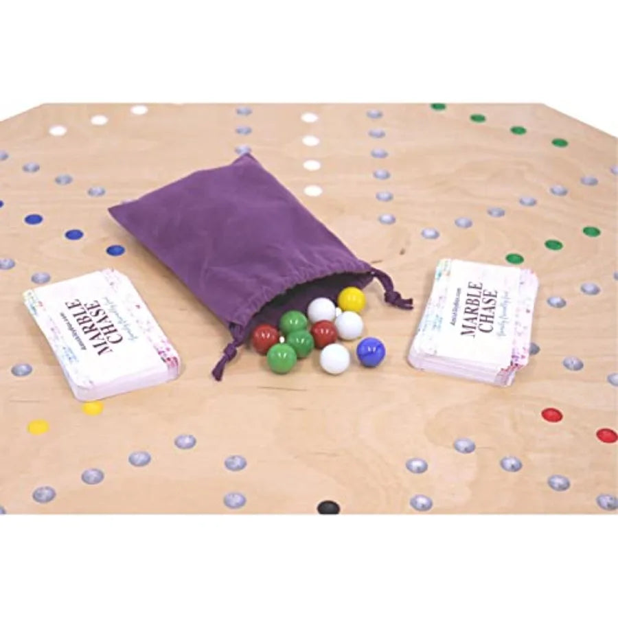 Marble Chase Wooden Game Set with DoubleSided 23 Wide Board for Family Entertainment and Indoor Play Includes Playing Cards and