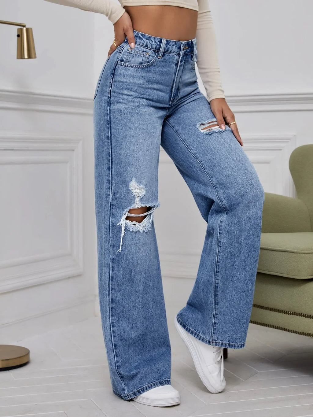 High Waist Ripped Wide Leg Jeans for Women, Distressed Denim Pants with Loose Fit