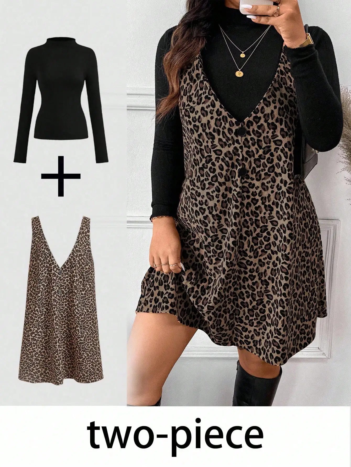 Frenchy Women Plus Size Solid Stand Collar Long Sleeve T-Shirt And Leopard Print Suspender Dress Casual 2 Pieces Set