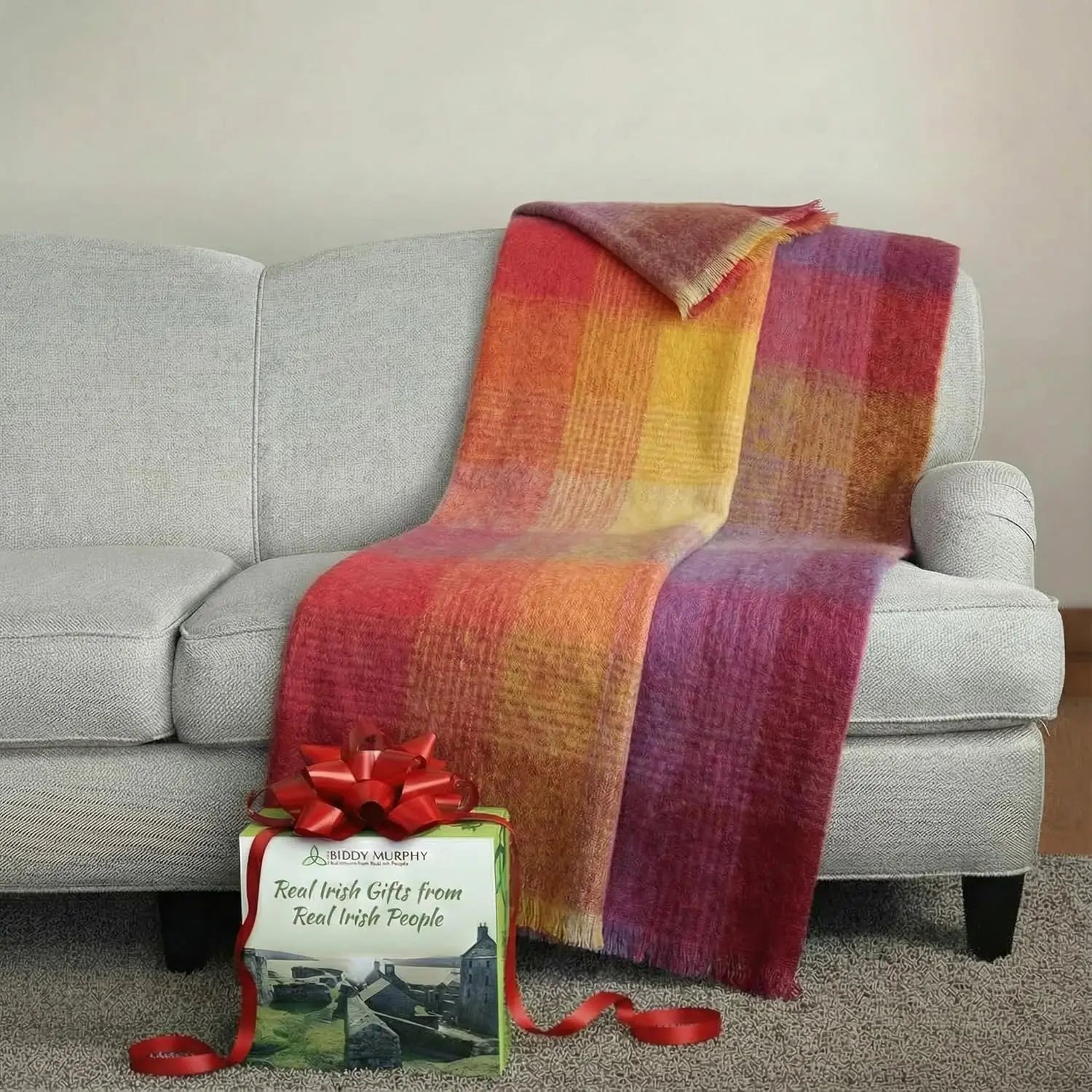 Ultra Soft Irish Mohair & Wool Throw Blanket, Made in Ireland, 54"x72", Pink Yellow Purple Multi Mix