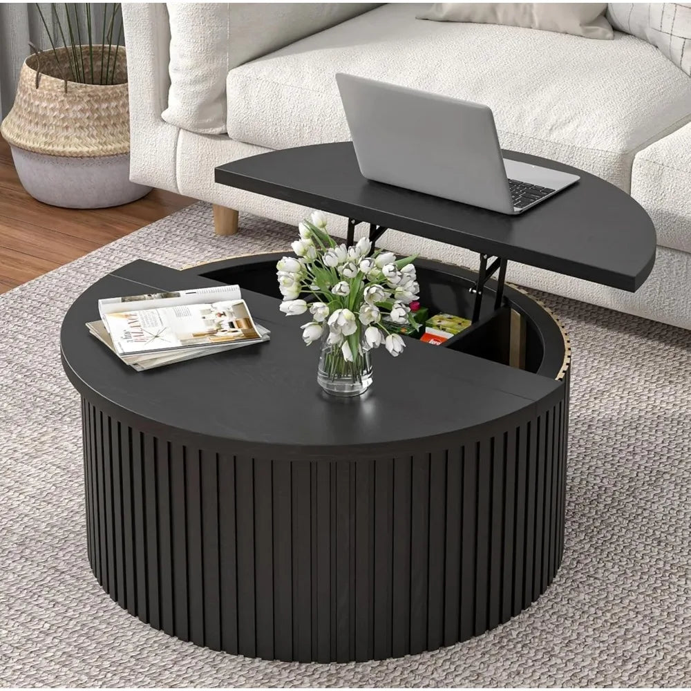 Contemporary 31.6 Inch Lift Top Coffee Table with Concealed Storage, Circular Wooden Fluted Center Table for Living Spaces