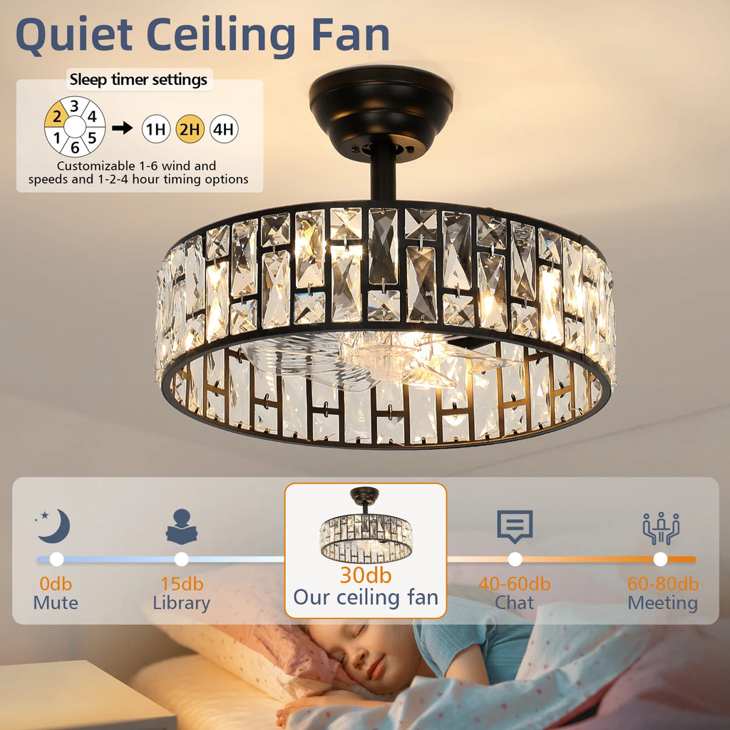 17.91" Modern Luxury Ceiling Fan Light With Semi-Recessed Installation, 6-Speed Remote Control, For Living Room, Hotel Lobby