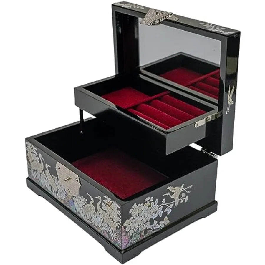Mother-of-Pearl Crane Jewelry Box Wooden Make Two-Layer Velvet Interior Mirror Lid Lacquer Finish Handmade Korean Art Valentine