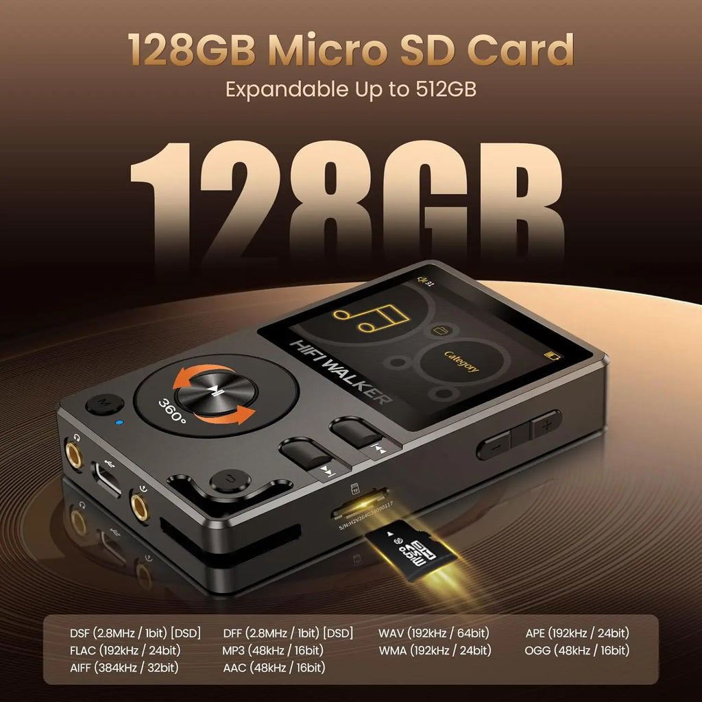 H2-128GB MP3 Player Bluetooth 5.2 Hi-Res FLAC DSD Lossless Audio Player, 2-Way Bluetooth, Supports 512GB SD Card