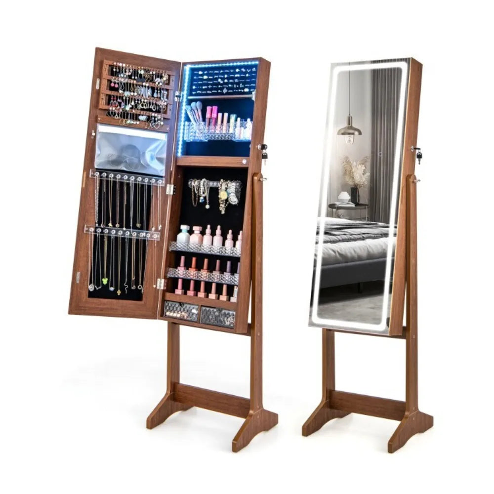 Lockable Jewelry Armoire Standing Cabinet Makeup Women Mirror W/ Lighted Mirror