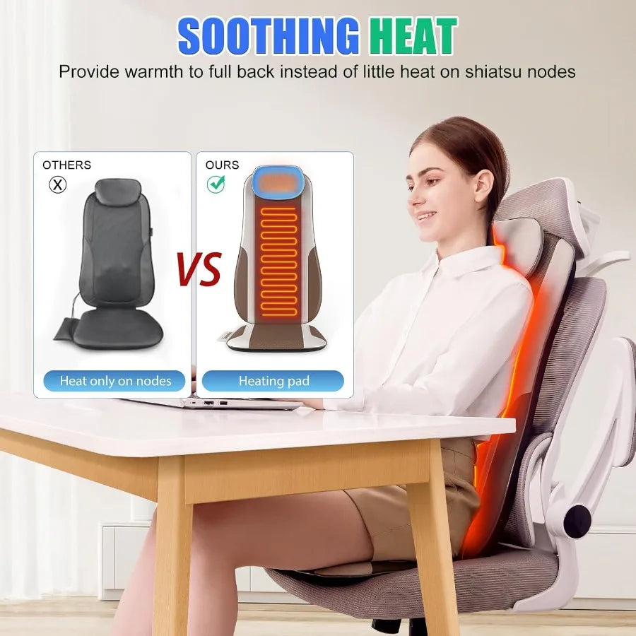 Shiatsu Back Massager with Heat Massage Chair Pad Seat Cushion for Stress Relief Deep Tissue Kneading and Roller 2 Vibration Mo