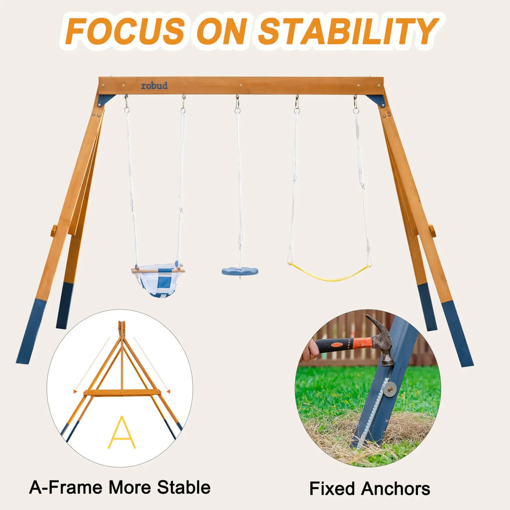 Robotime Robud 3-in-1 Playground Wooden Swing Sets for Backyard DIY Swing Sets with Tree Swing and 2 Toddler Swings for Kids 3+