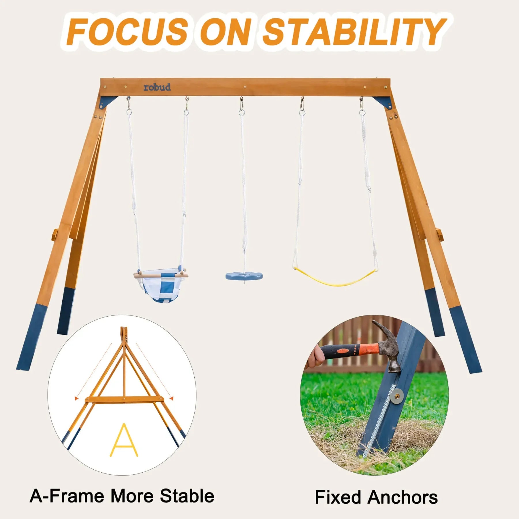 Robotime Robud 3-in-1 Playground Wooden Swing Sets for Backyard DIY Swing Sets with Tree Swing and 2 Toddler Swings for Kids 3+
