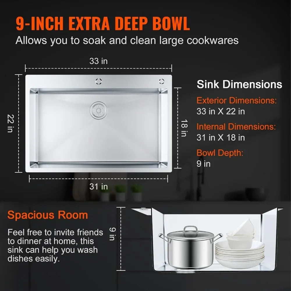 Kitchen Sink,  Drop-In Sinks, Top Mount Single Bowl Basin with Accessories, Household Dishwasher Sinks  and Bar Sink, 33 inch