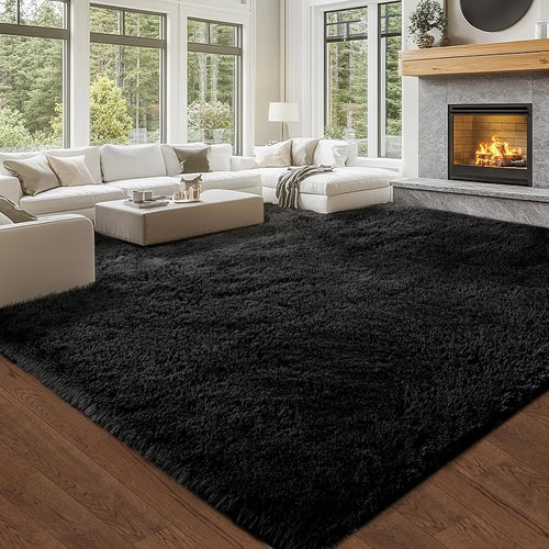 10x14 Black Shag Area Rug: Super Soft Large Modern Carpet for Living Room, Bedroom - Non-Slip Fluffy Indoor Floor Mat