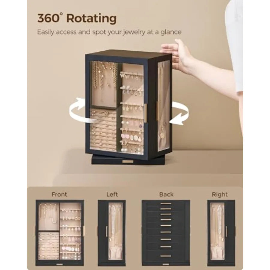 360° Rotating Jewelry Box with 9 Drawers Spacious Vertical Jewelry Organizer with Glass Window Jewelry Storage Case Dustproof a