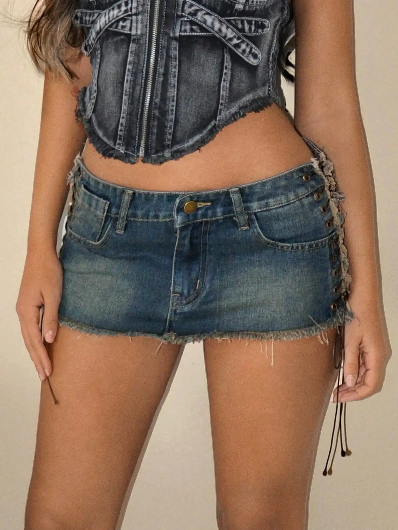 Distressed Denim Mini Skirt with Side Lace-Up Detail, Y2K Style