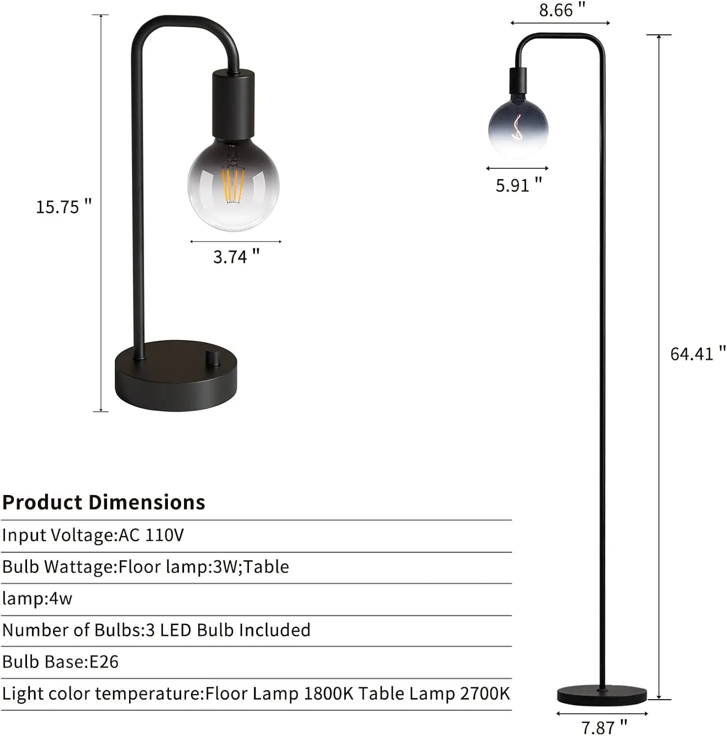 3-Piece Industrial Lamp Set with Dimmable Table Lamps and Floor Lamp, Includes Gradient Bulbs for Living Room and Bedroom