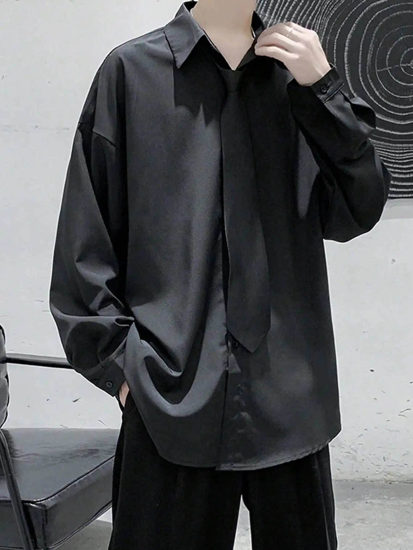 Oversized Black Drop Shoulder Long Sleeve Button-Up Shirt for Men