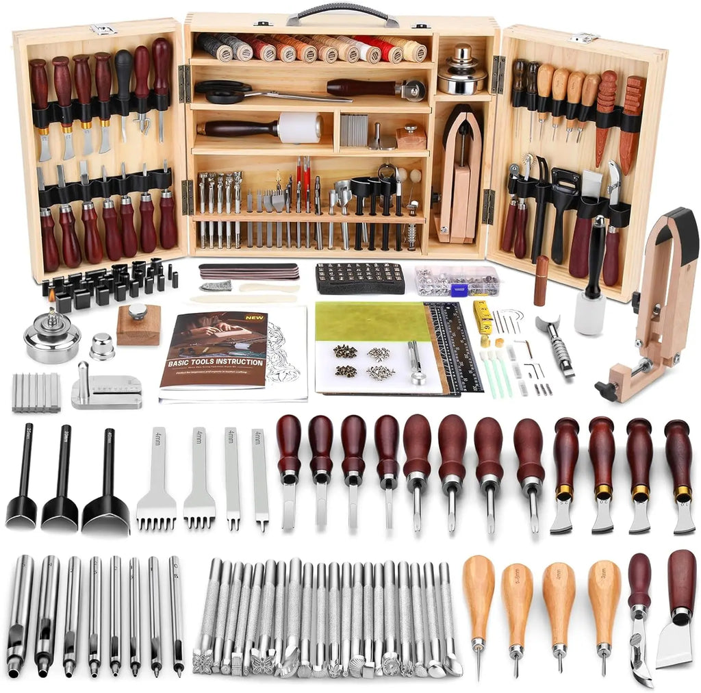 Professional Leather Crafting Tool Kit with Cutting, Punching, Carving, and Heavy Duty Sewing Supplies